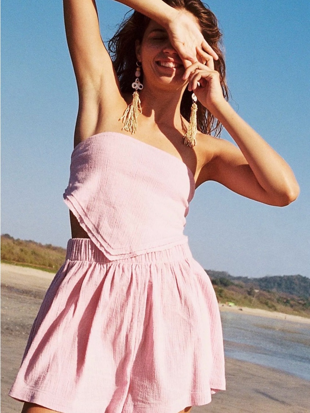 Free People Adelaide Pink Matching Shorts Set XS Cotton Linen Boho Festival Set